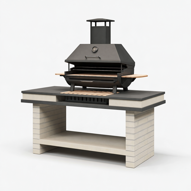 Grillkamin 160 cm aus Stahl und Stein in Schwarz Beige mit Kaminabzug