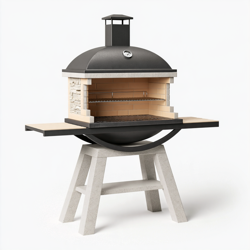 Pizzaofen Länge 120 cm Breite 80 cm Höhe 170 cm aus Stahl und Schamottstein in Schwarz Beige für den Garten mit Grillrost