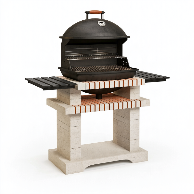 Holzkohlegrill 120 x 70 x 150 cm aus Beton und Stahl in Schwarz Beige mit Grillhaube