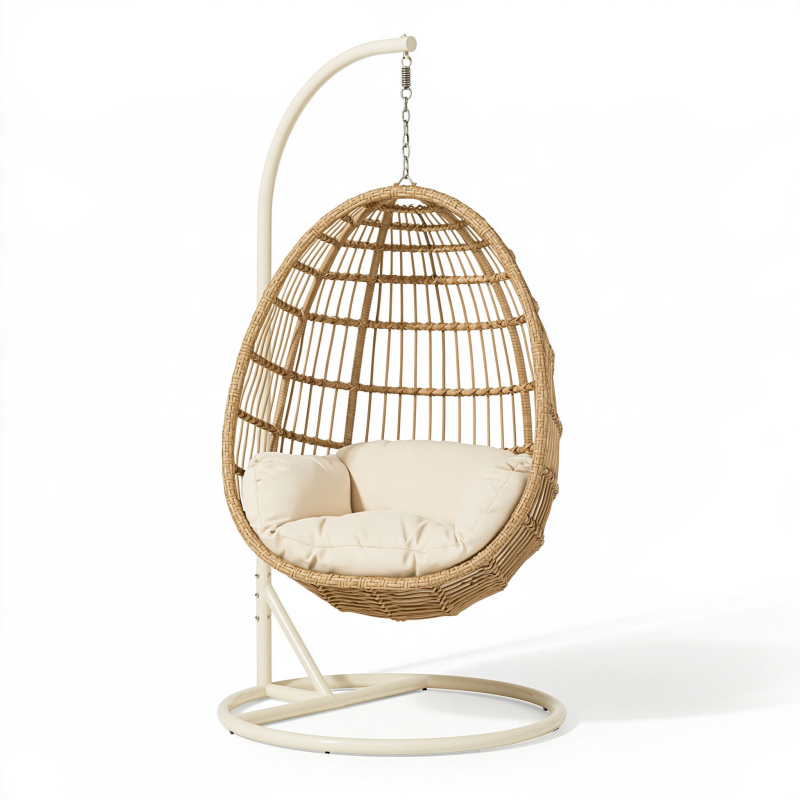 Sitzhängesessel 105 x 105 x 195 cm Rattan Natur mit Stahlgestell für Innenbereich im Boho-Stil