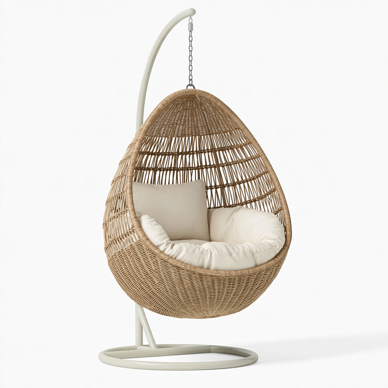 Hängesessel 105 x 105 x 195 cm aus Rattan Natur mit Metallgestell für Innenbereiche im Boho-Stil