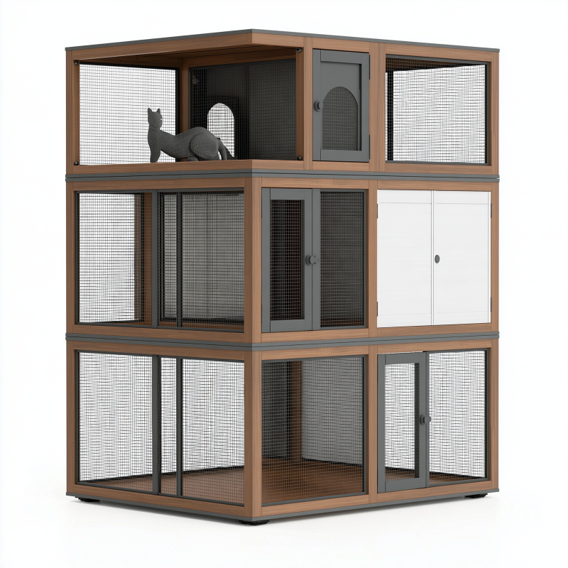 Katzengehege 120 x 60 x 180 cm Holzwerkstoff und Metallgitter Braun Grau mit drei Ebenen