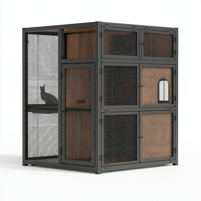 Katzengehege 120 x 60 x 150 cm aus Metall und Holz in Schwarz Braun mit Gittertüren