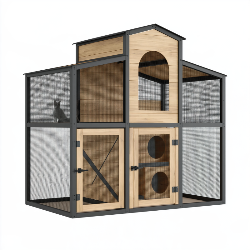 Katzengehege 180 x 90 x 180 cm Holz Metall Schwarz Natur mit Netz und Doppeltür