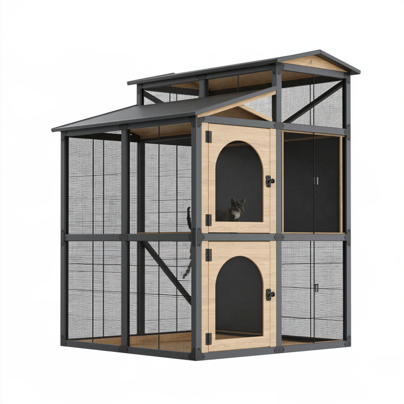 Katzengehege 180 x 90 x 200 cm aus Holz und Metall mit Dach Schwarz Natur